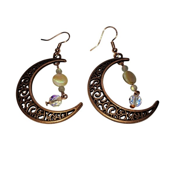 Copper crescent earrings mother of pearl labradorite AB crystal handmade - Picture 7 of 8